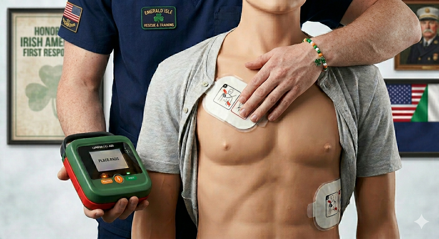 Professional first responder demonstrating proper AED pad placement and CPR technique on training mannequin